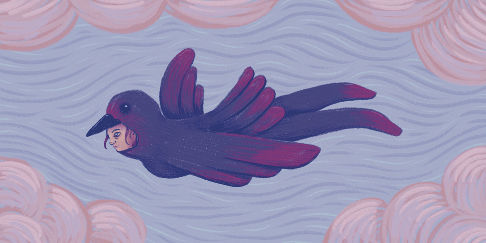 Illustration of a woman flying through the sky in a bird costume surrounded by fluffy pink clouds.